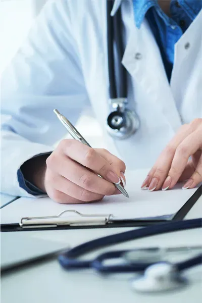 Close up of a doctor in a white coat, writing on a notepad, representing functional medicine testing offered by Yashoda Singh, MD in Hamilton-Toronto-Niagara.