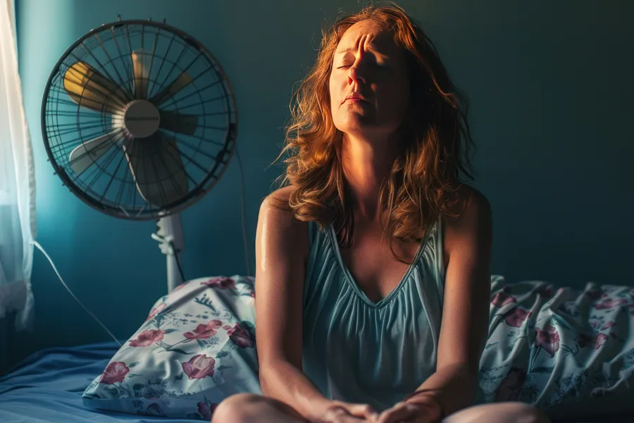 A middle-aged red-haired woman sits in bed sweating with a fan behind her, unable to sleep. Get treatment for hot flashes and night sweats from Yashoda Singh, MD in Hamilton-Toronto-Niagara.