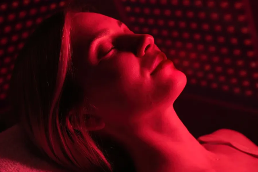 A woman in a red light therapy booth. Schedule the red light therapy facial from Yashoda Singh, MD in Hamilton-Toronto-Niagara.