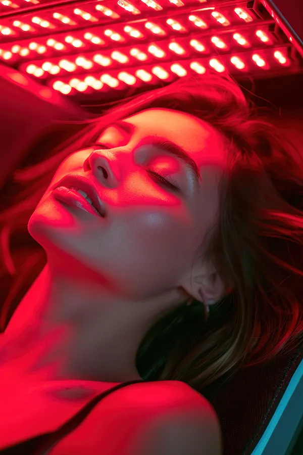 A woman in a red light therapy machine. Get the red light therapy facial from Yashoda Singh, MD in Hamilton-Toronto-Niagara.