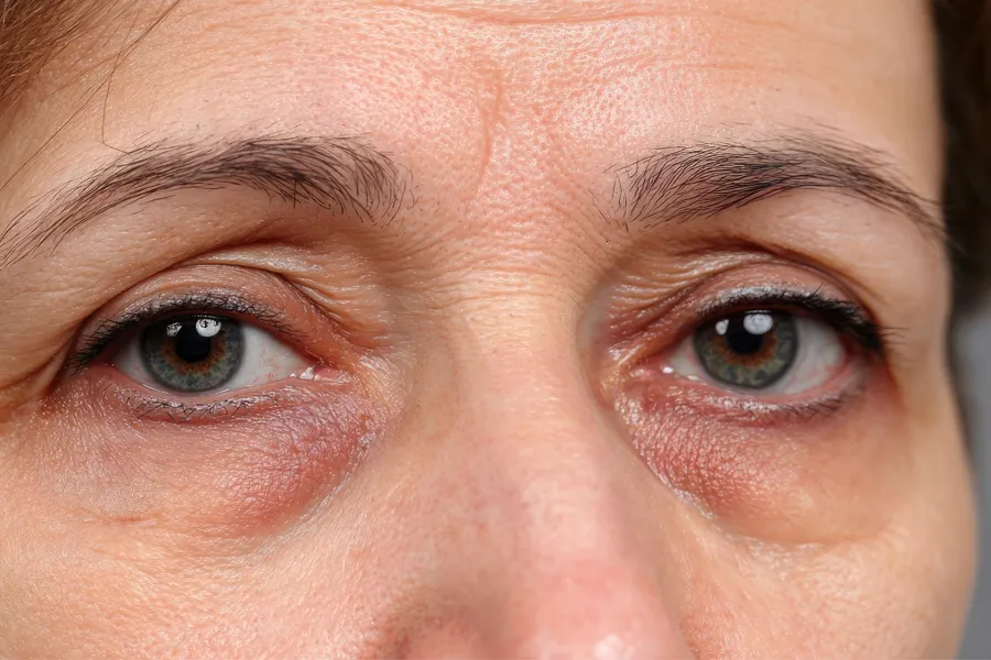 Close-up of a woman's sagging brow and eyebags. Get treatment for sagging brow and eyebags from Yashoda Singh, MD in Hamilton-Toronto-Niagara.